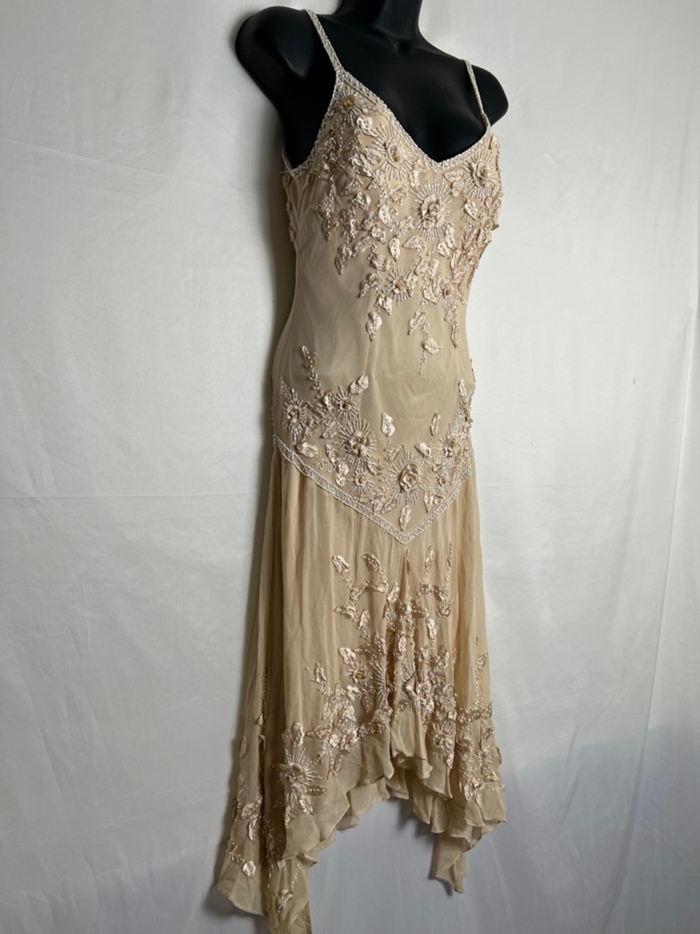 Lillie Rubin Beaded Asymmetrical Slip Dress in Champagne Beige - Picture 2 of 10